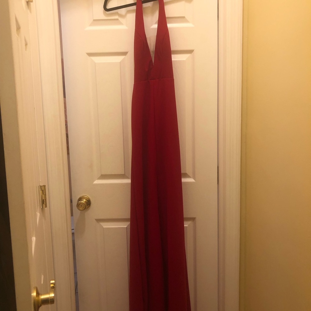 Vibrant Red beaded neck , open back , long evening dress size S